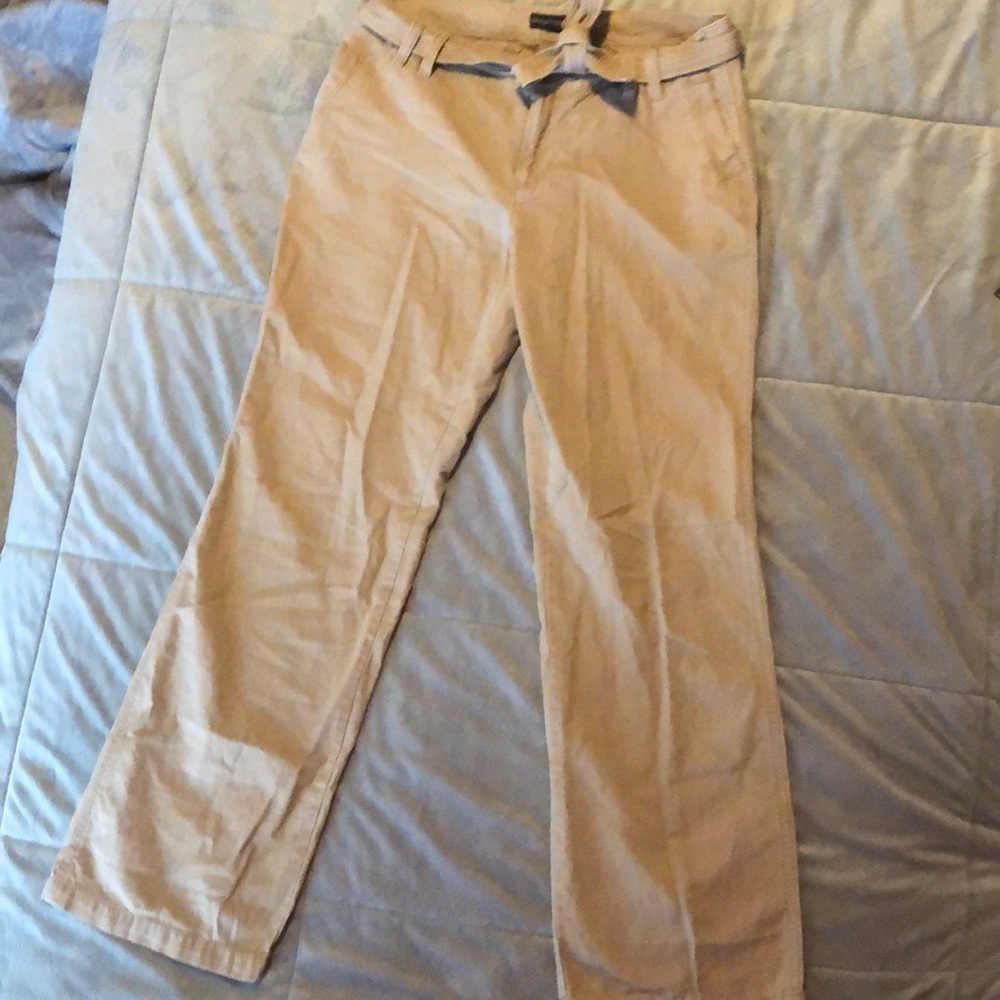 Wide-leg khaki pants with tie belt